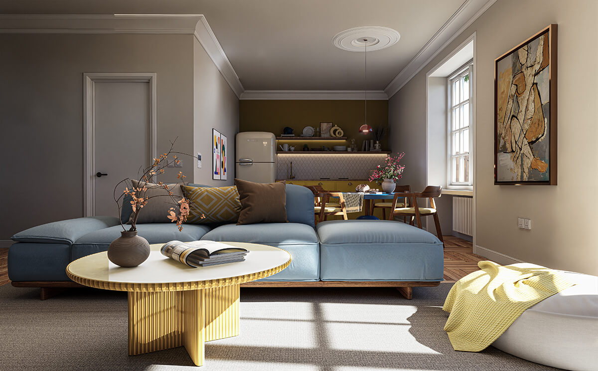 Living room from sofa with gold coffee table
