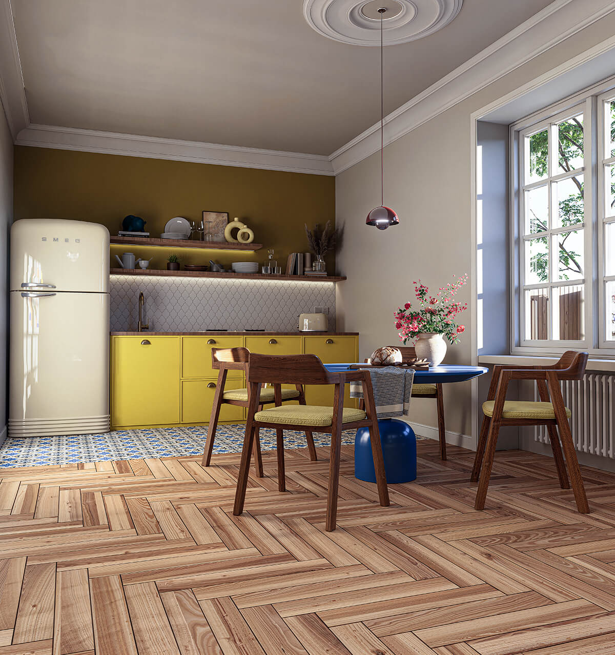 Kitchen and dining area with yellow cabinets, patterned tiles and herringbone flooring