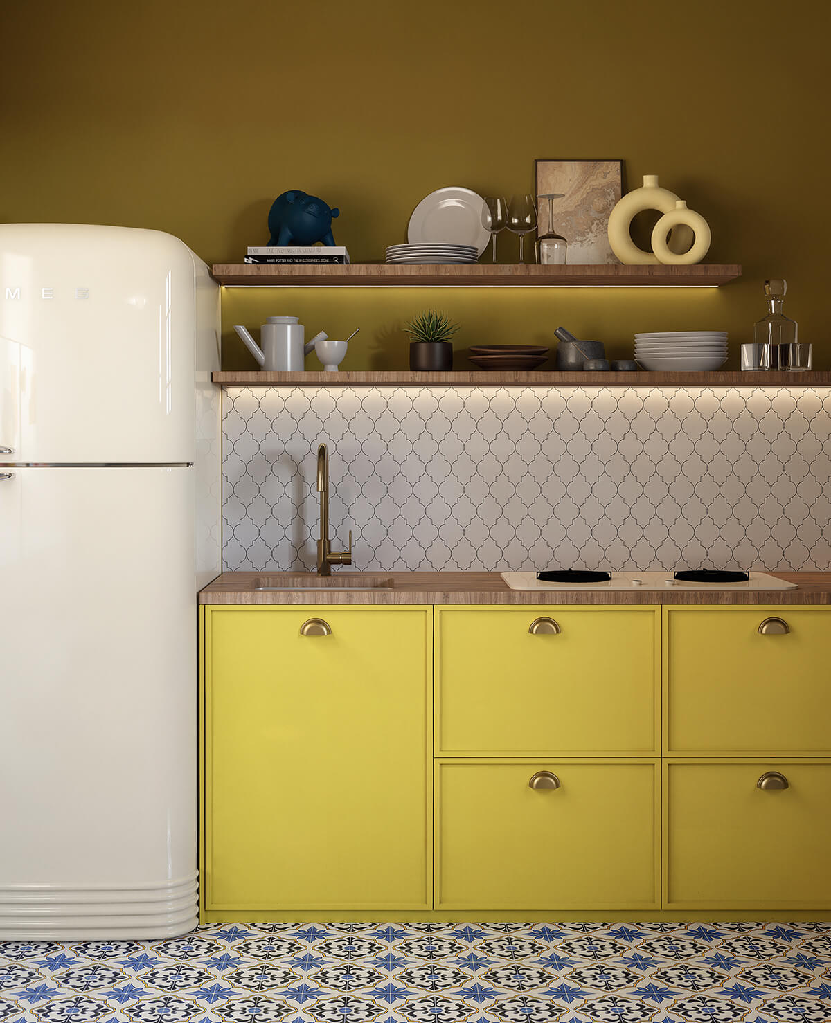 Yellow kitchen cabinetry with arabesque backsplash tiles, open timber shelving and brass fixtures