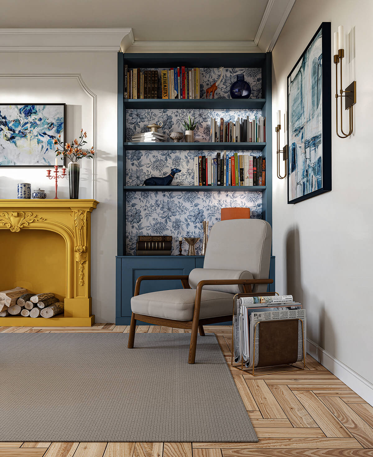 Deep blue built-in bookcase with floral wallpaper backing, yellow fireplace and brass wall sconces