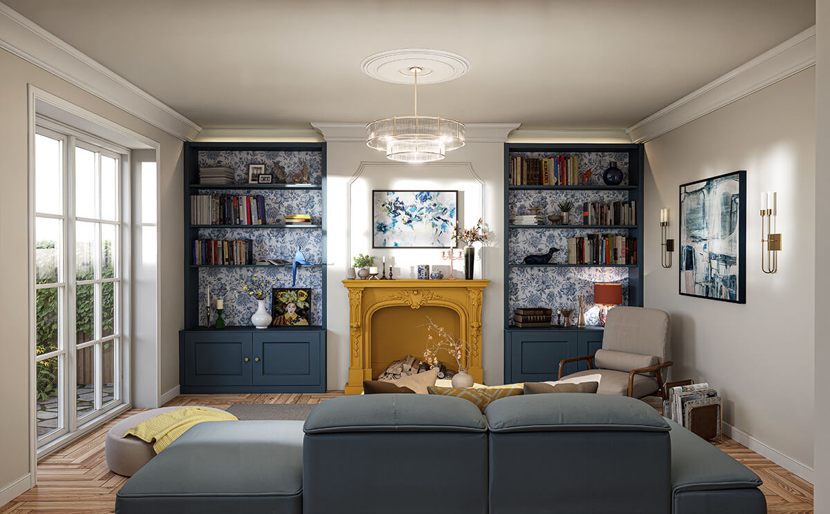 Full living room with symmetrical blue bookcases and yellow fireplace