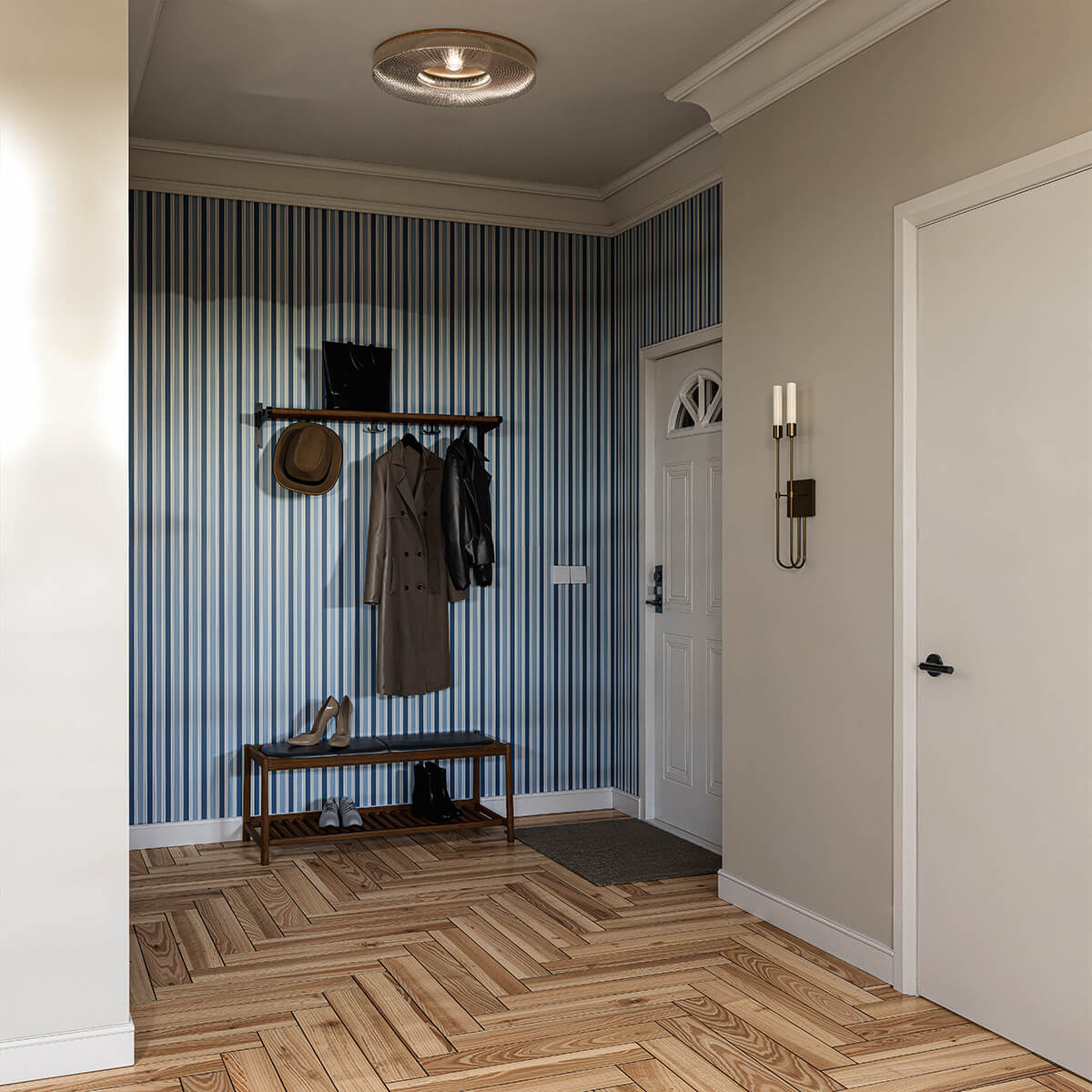 Entrance hallway with blue striped wallpaper, herringbone flooring and brass wall sconce