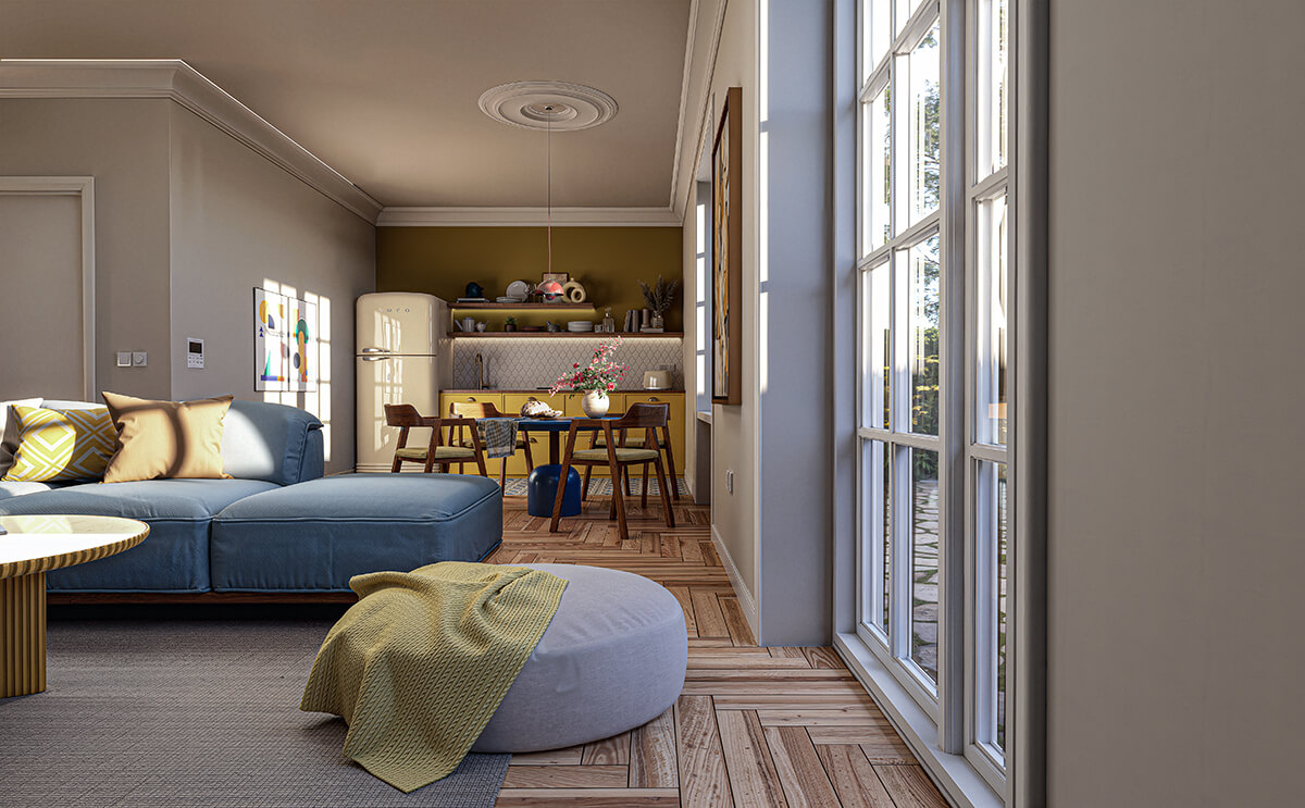 Living area toward kitchen with French doors