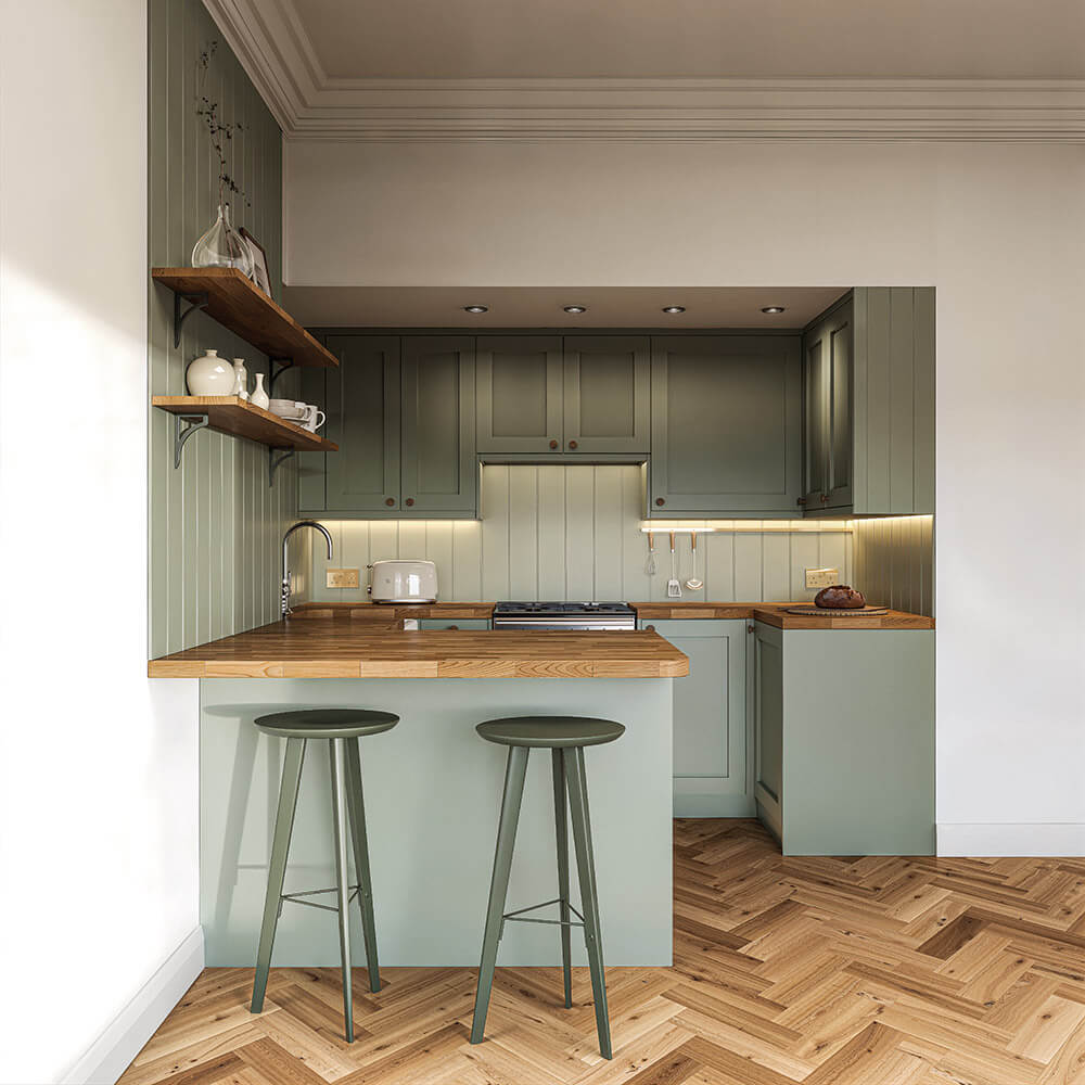 Kitchen render — wide view with bar stools and open shelving