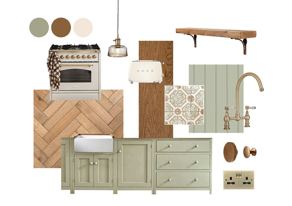 Kitchen design moodboard — sage palette, herringbone flooring, oak, brass fixtures, shaker cabinetry